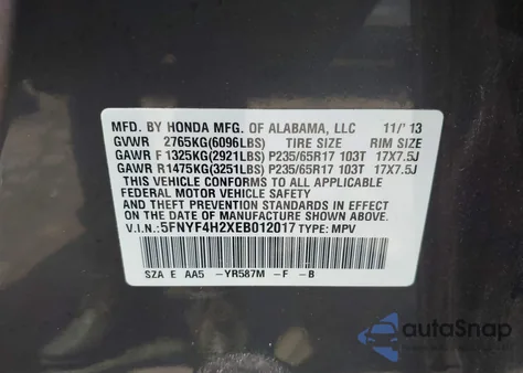 2014 Honda Pilot Lx z USA, uszkodzony, nr VIN 5FNYF4H2XEB012017